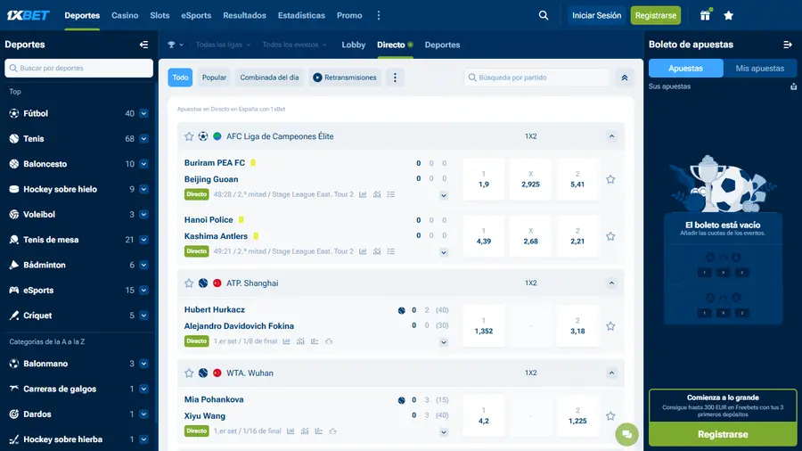 Apuestas en directo de 1xBet con partidos en juego y cuotas en tiempo real