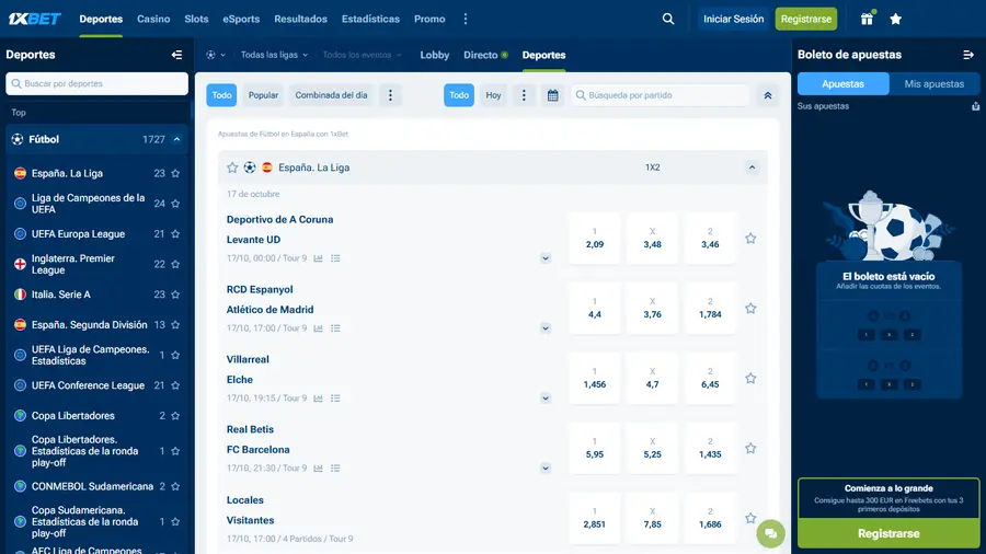 Línea de apuestas de fútbol en 1xBet con LaLiga en primer lugar