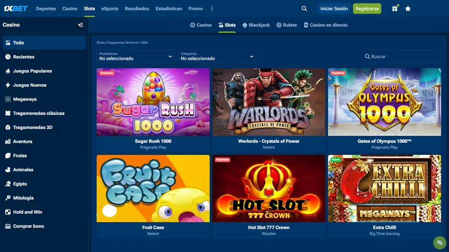 Sección de slots del casino 1xBet con filtros por proveedor y categoría