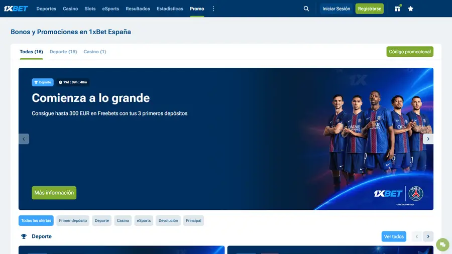 Página de bonos y promociones de 1xBet España