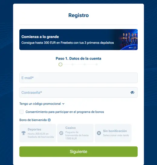 Formulario de registro de 1xBet con la elección del bono de bienvenida